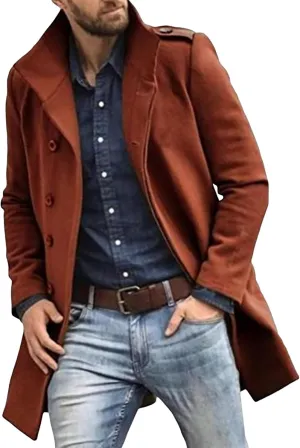 Men's Fall Winter Color Wool Coat Casual Single Breasted Pea Overcoat Slim Fit Notched Collar Trench Coats