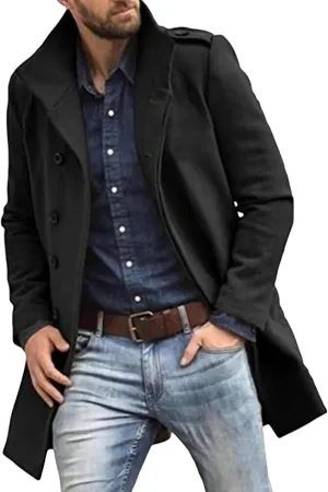 Men's Fall Winter Color Wool Coat Casual Single Breasted Pea Overcoat Slim Fit Notched Collar Trench Coats