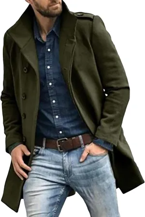 Men's Fall Winter Color Wool Coat Casual Single Breasted Pea Overcoat Slim Fit Notched Collar Trench Coats
