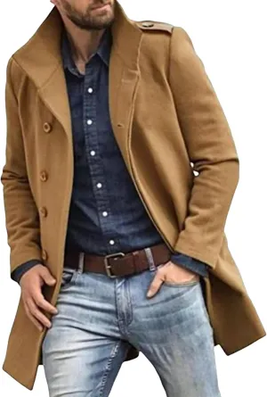 Men's Fall Winter Color Wool Coat Casual Single Breasted Pea Overcoat Slim Fit Notched Collar Trench Coats
