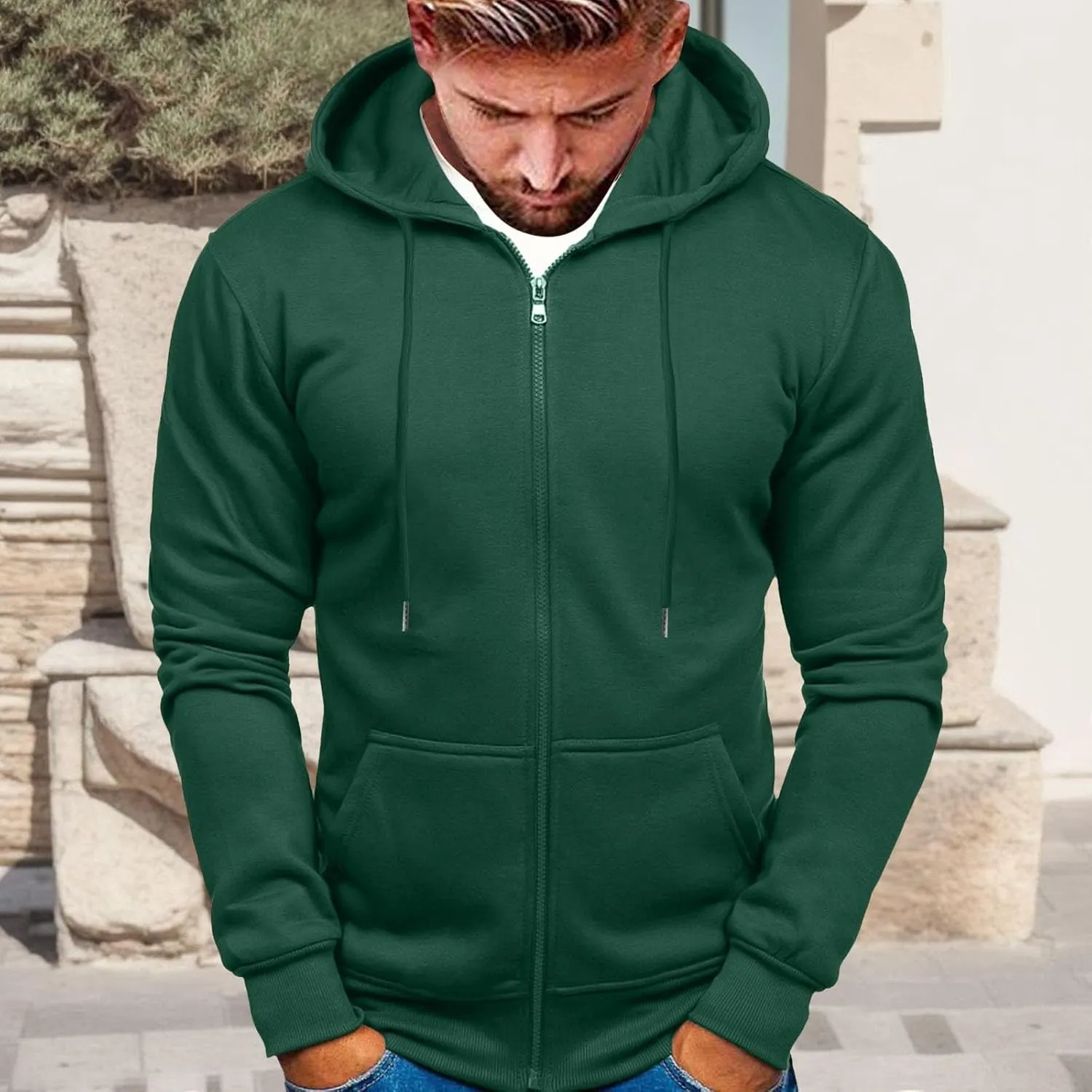 Mens Slim Fit Lightweight Zip Up Hoodie with Pockets Long Sleeve Full-Zip Hooded Sweatshirt Drawstring Casual Hoodies
