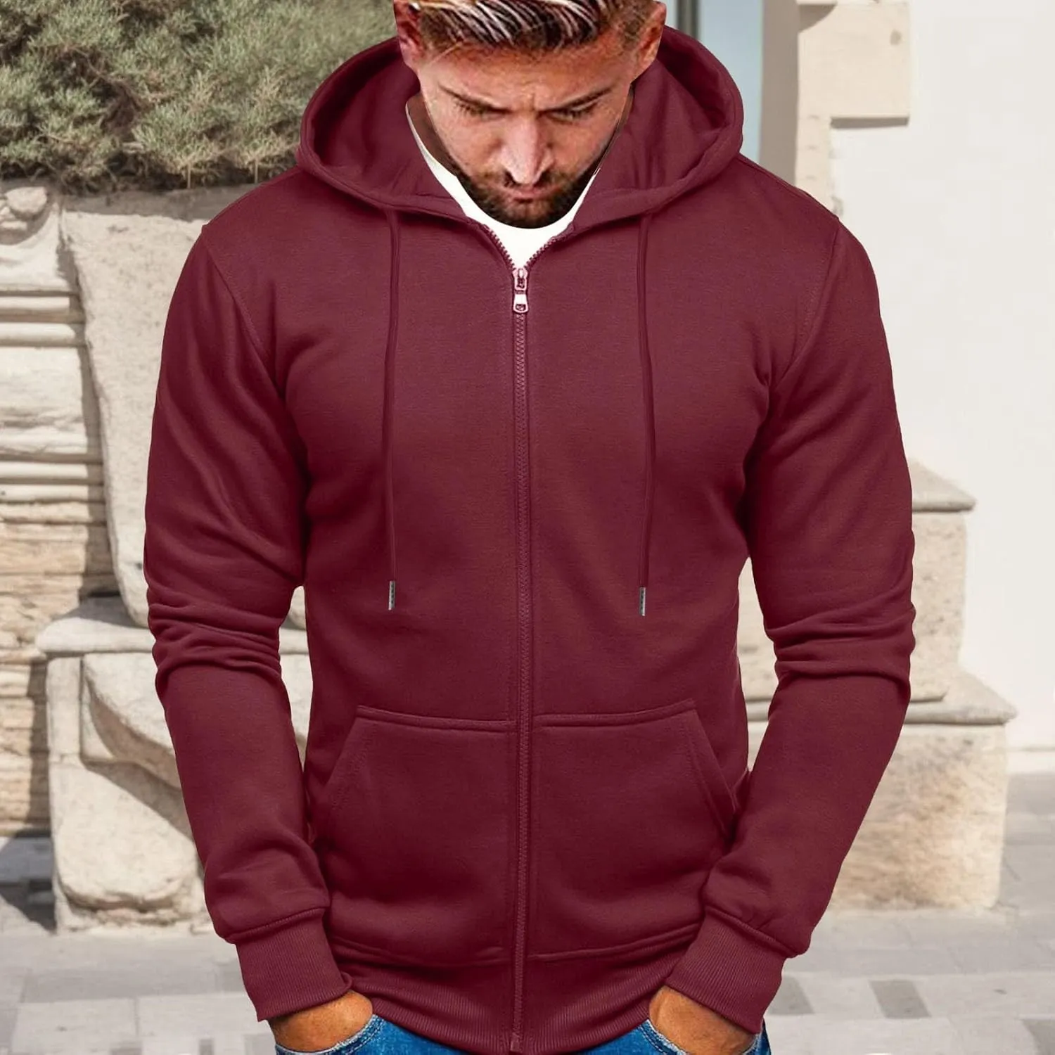 Mens Slim Fit Lightweight Zip Up Hoodie with Pockets Long Sleeve Full-Zip Hooded Sweatshirt Drawstring Casual Hoodies