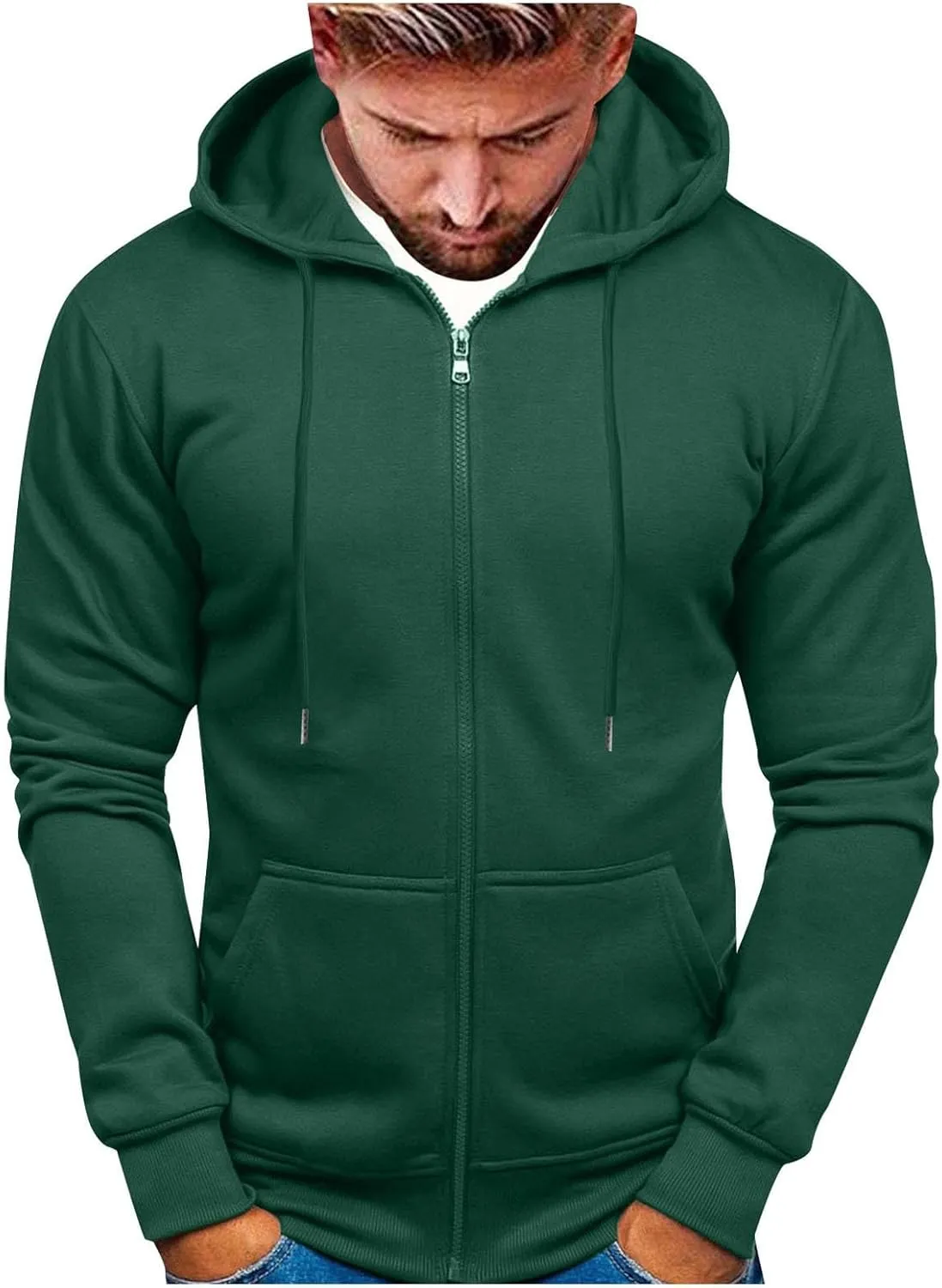 Mens Slim Fit Lightweight Zip Up Hoodie with Pockets Long Sleeve Full-Zip Hooded Sweatshirt Drawstring Casual Hoodies