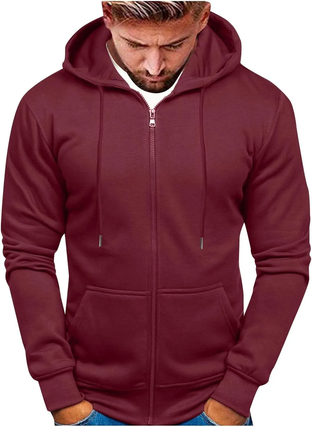 Mens Slim Fit Lightweight Zip Up Hoodie with Pockets Long Sleeve Full-Zip Hooded Sweatshirt Drawstring Casual Hoodies