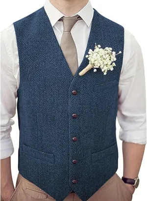 Men's V-Neck Suit Vests Slim Fit Casual Business Formal Herringbone Tweed Wool Waistcoat Wedding Groomsmen Suit Vest