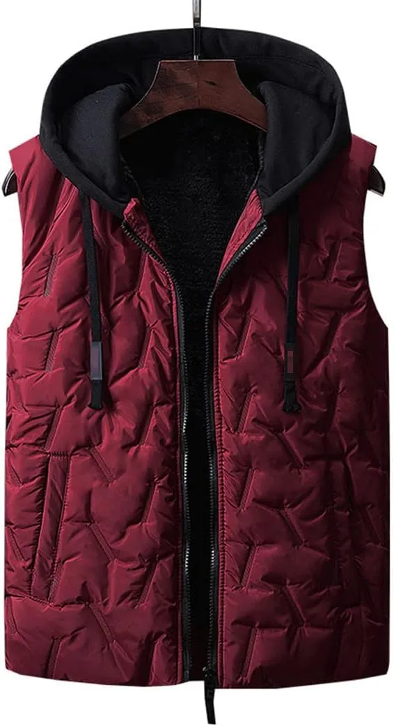 Mens Winter Fleece Vest, Sleeveless Jacket Hooded Coat, Cotton Padded Windproof Vest