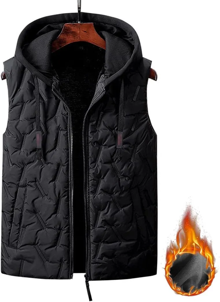 Mens Winter Fleece Vest, Sleeveless Jacket Hooded Coat, Cotton Padded Windproof Vest