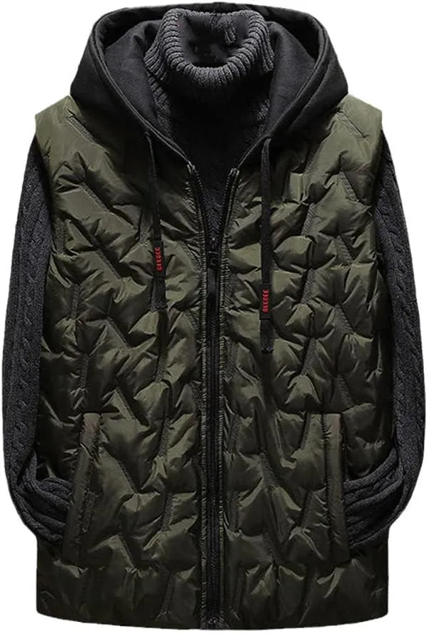 Mens Winter Fleece Vest, Sleeveless Jacket Hooded Coat, Cotton Padded Windproof Vest