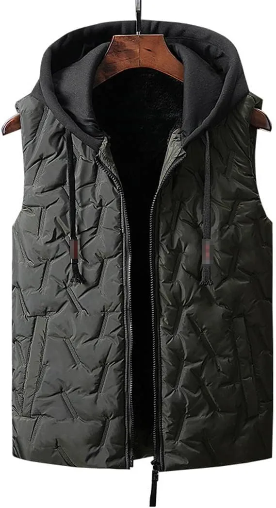 Mens Winter Fleece Vest, Sleeveless Jacket Hooded Coat, Cotton Padded Windproof Vest