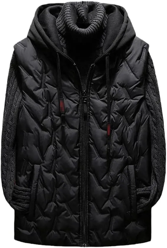 Mens Winter Fleece Vest, Sleeveless Jacket Hooded Coat, Cotton Padded Windproof Vest