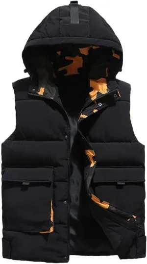 Men's Winter Sleeveless Jacket Coat, Casual Thick Warm Cotton Padded Down Hooded Waistcoat Large Size