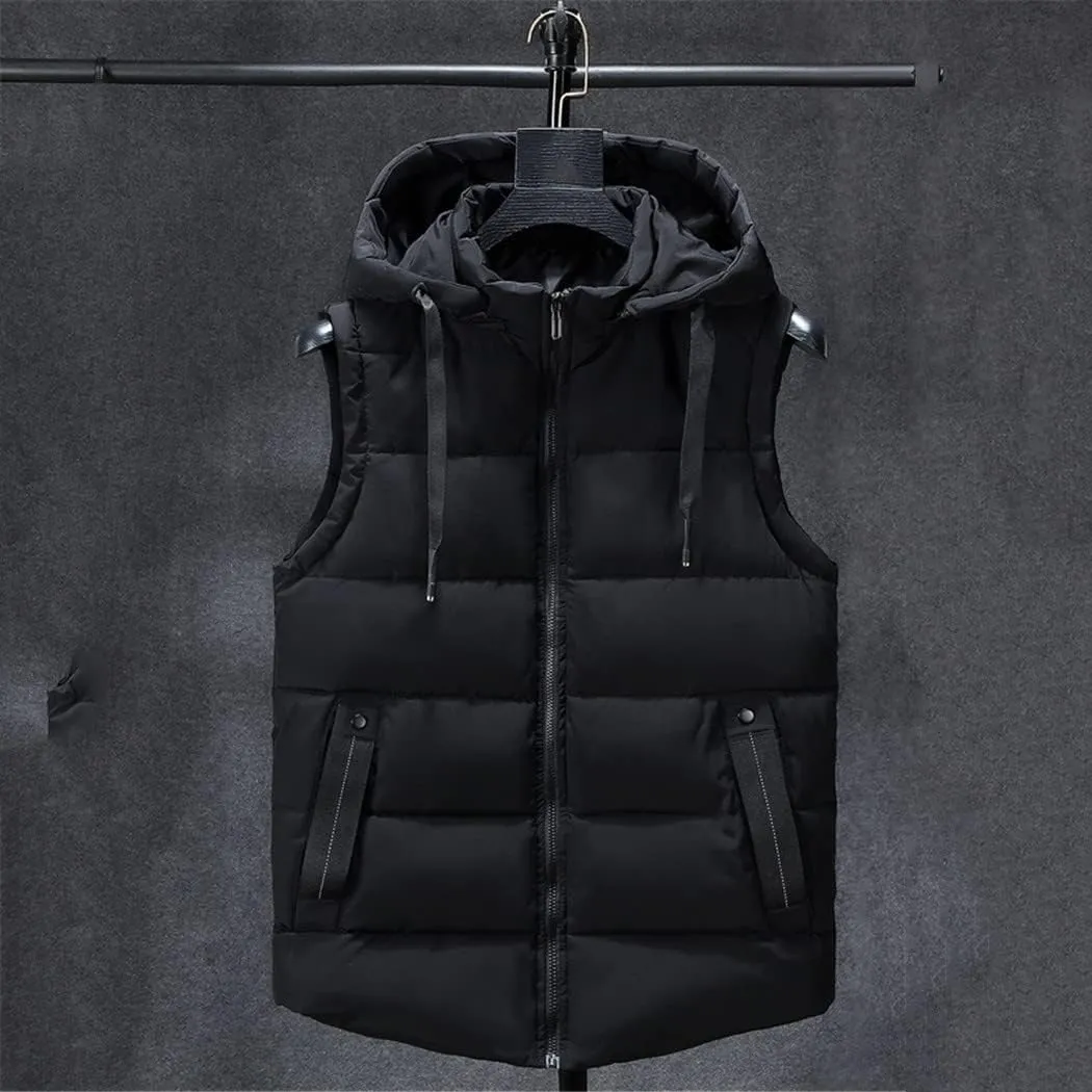 Mens Winter Sleeveless Jacket Down Vest Warm Thick Hooded Coats Cotton-Padded Work Waistcoat Gilet