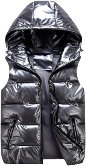 Men's Winter Vest Silver Cotton-Padded Hooded Coats Sleeveless Jackets Casual Thick Waistcoats