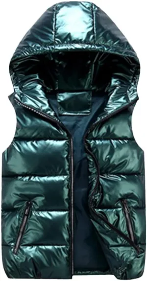 Men's Winter Vest Silver Cotton-Padded Hooded Coats Sleeveless Jackets Casual Thick Waistcoats