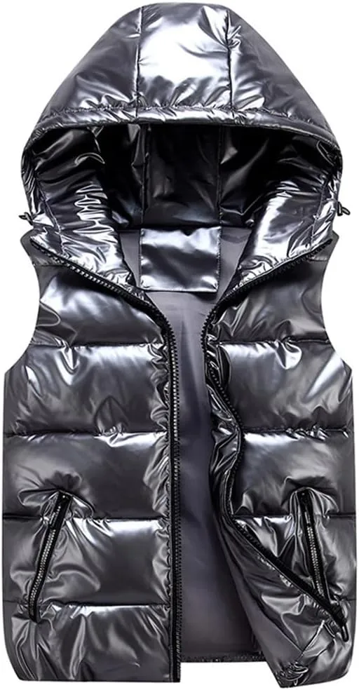 Men's Winter Vest Silver Cotton-Padded Hooded Coats Sleeveless Jackets Casual Thick Waistcoats