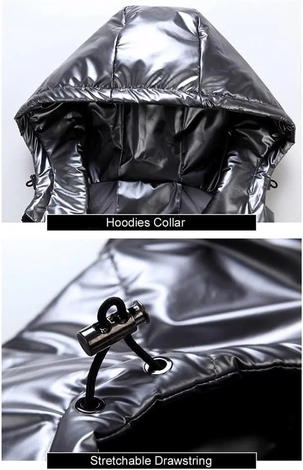 Men's Winter Vest Silver Cotton-Padded Hooded Coats Sleeveless Jackets Casual Thick Waistcoats