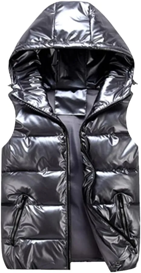 Men's Winter Vest Silver Cotton-Padded Hooded Coats Sleeveless Jackets Casual Thick Waistcoats