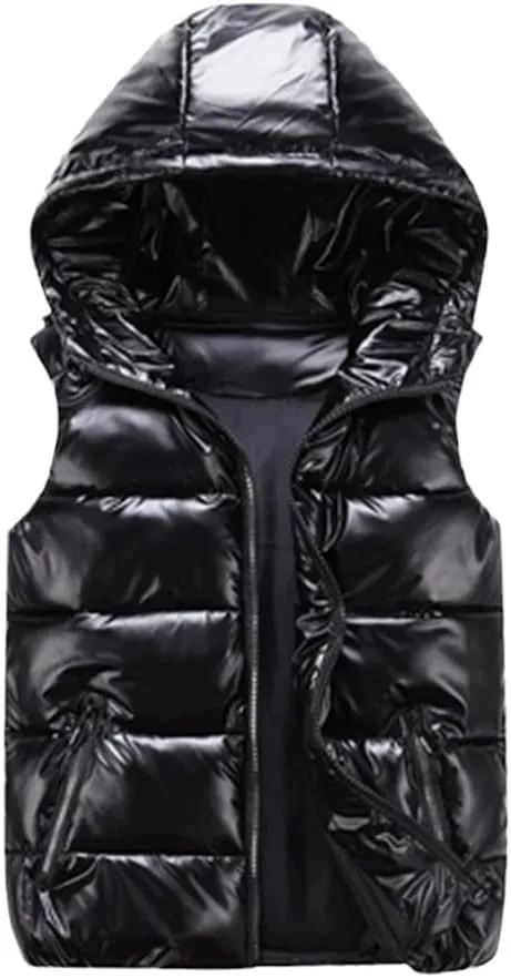 Men's Winter Vest Silver Cotton-Padded Hooded Coats Sleeveless Jackets Casual Thick Waistcoats