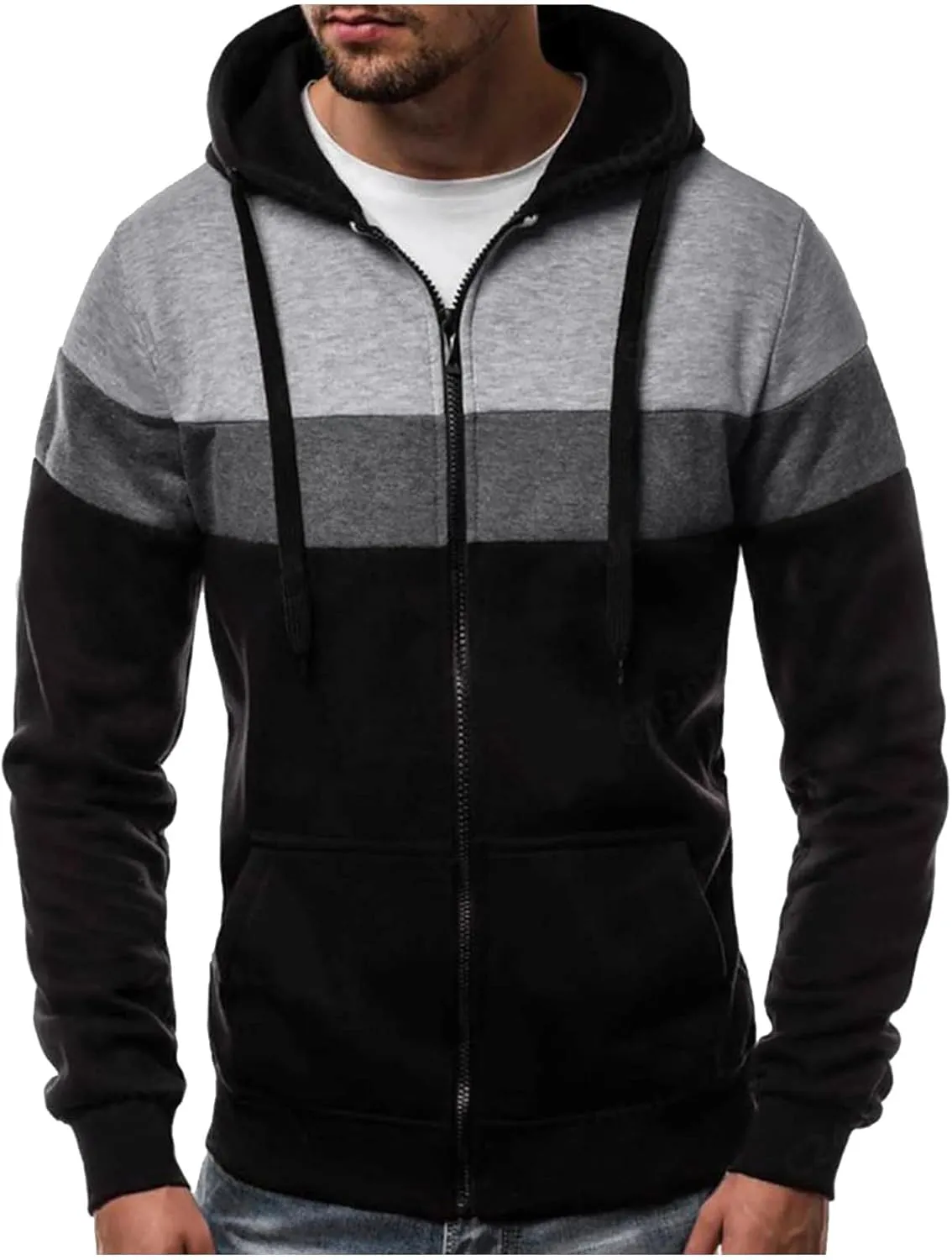 Mens Zip Up Hoodies Jacket Casual Color Block Print Sport Sweatshirts Outerwear Athletic Workout Pullover Sweatshirt