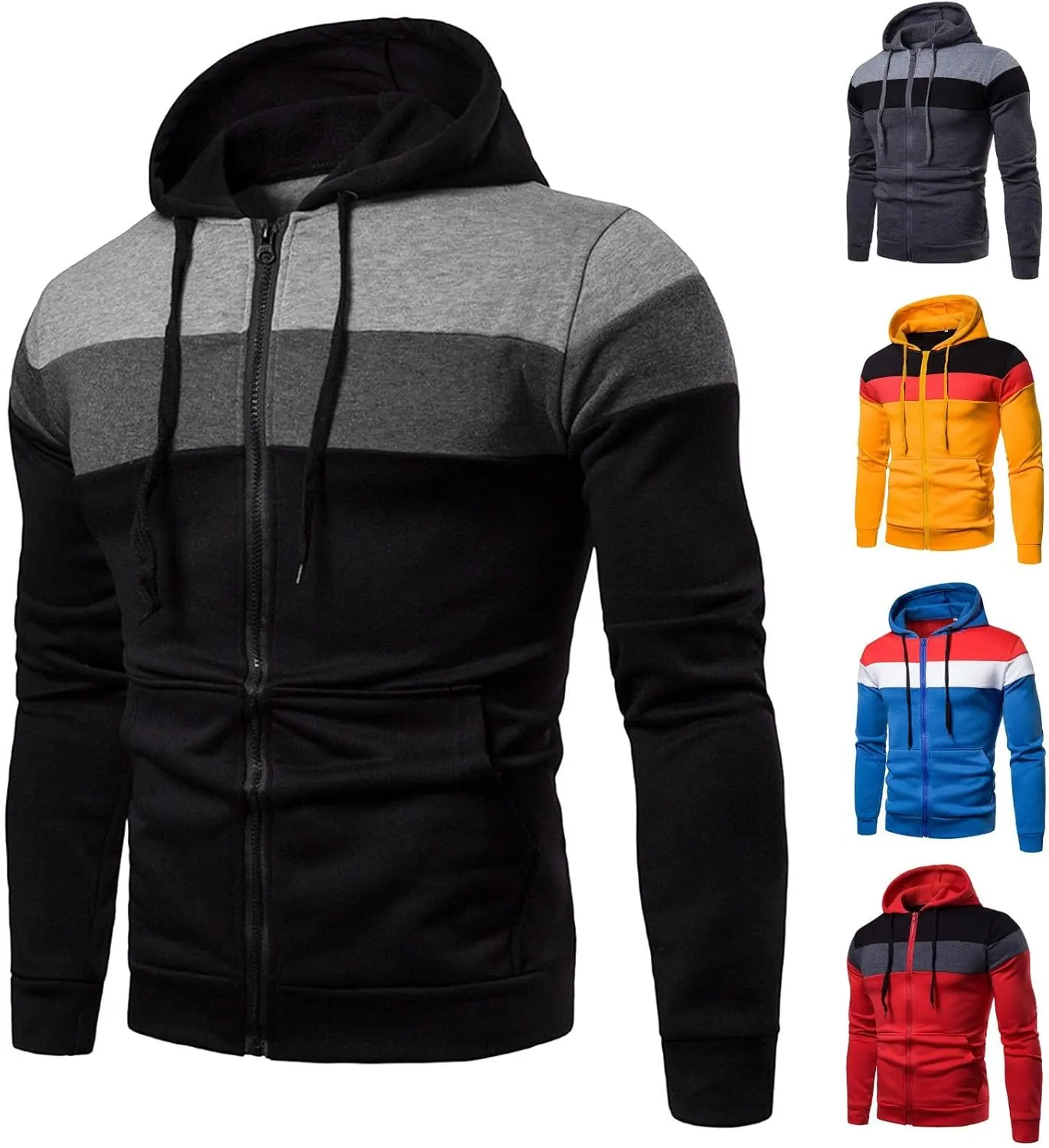 Mens Zip Up Hoodies Jacket Casual Color Block Print Sport Sweatshirts Outerwear Athletic Workout Pullover Sweatshirt