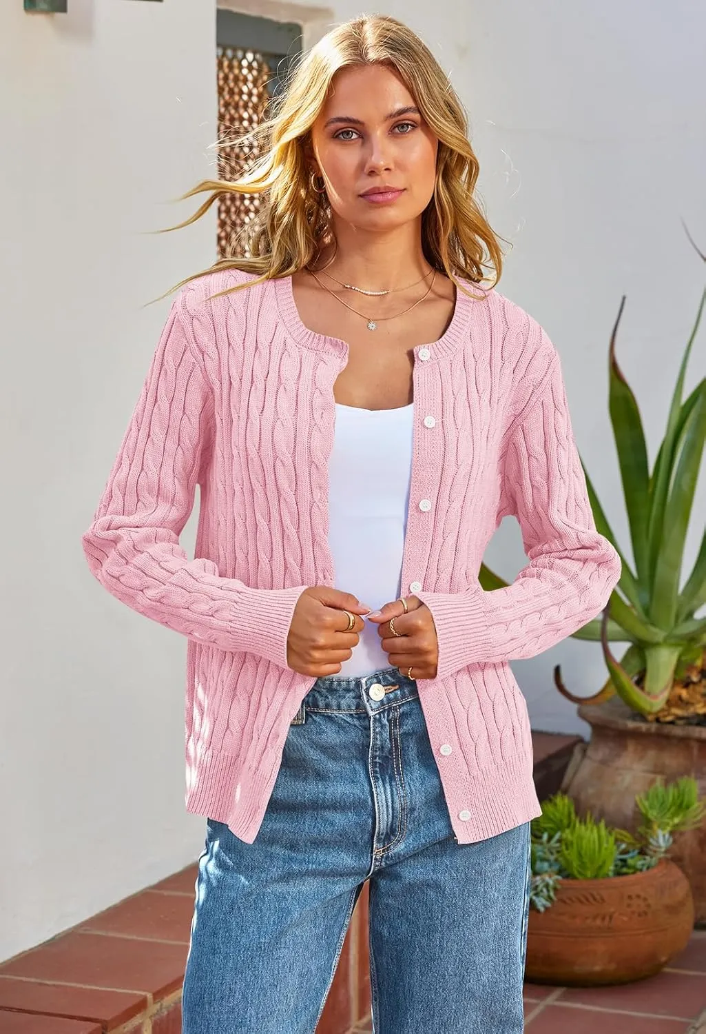 MEROKEETY Women's Cable Knit Open Front Cardigan Sweaters Fall Long Sleeve Button Down Soft Outwear