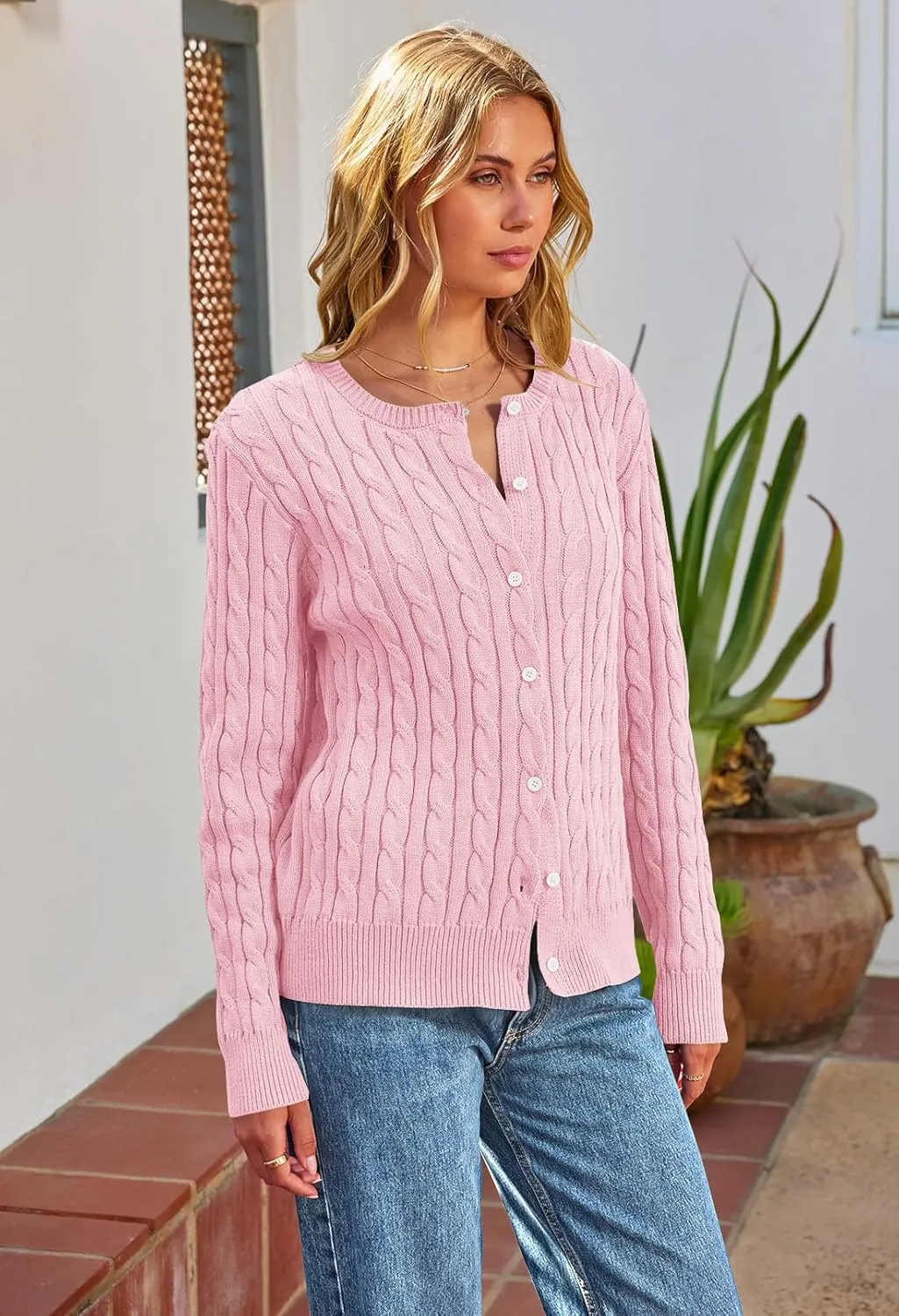 MEROKEETY Women's Cable Knit Open Front Cardigan Sweaters Fall Long Sleeve Button Down Soft Outwear