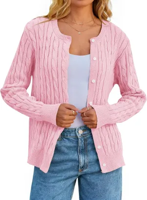 MEROKEETY Women's Cable Knit Open Front Cardigan Sweaters Fall Long Sleeve Button Down Soft Outwear