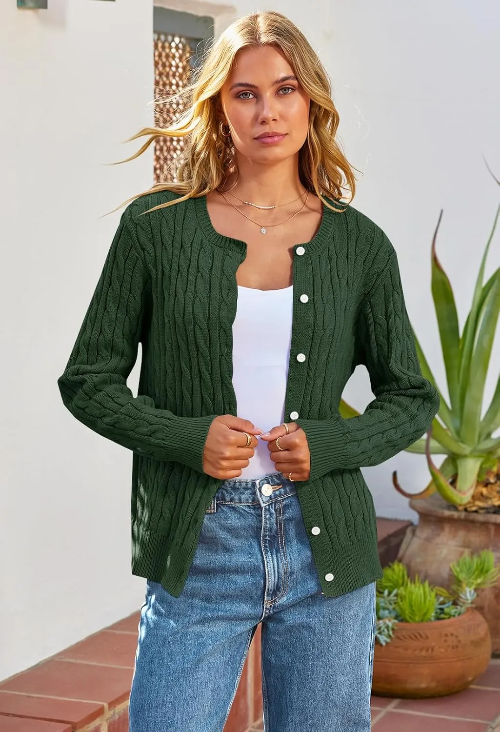 MEROKEETY Women's Cable Knit Open Front Cardigan Sweaters Fall Long Sleeve Button Down Soft Outwear