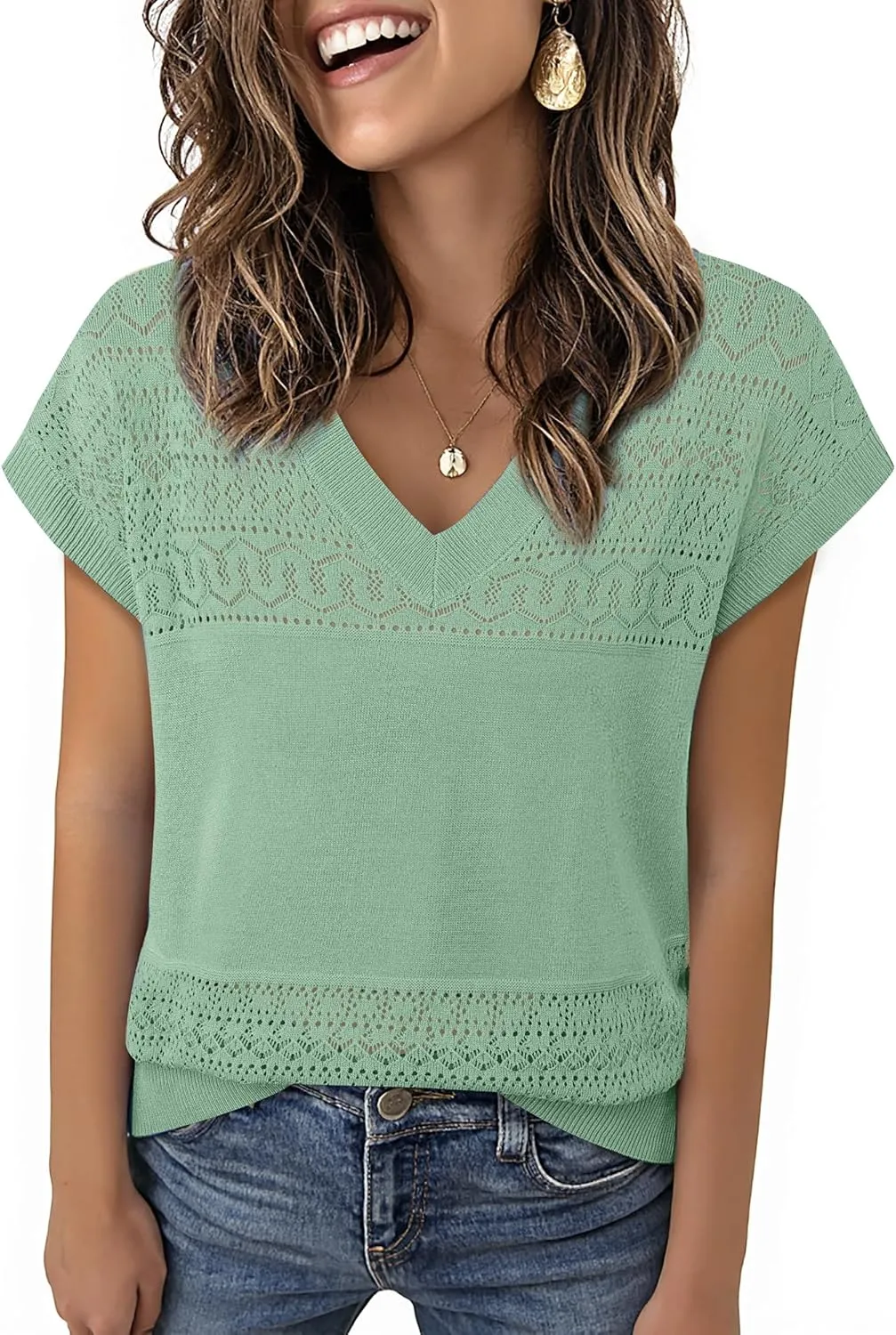 Messic Womens V Neck Sweater Vest Cap Sleeve Casual Lightweight Knit Pullover Tops