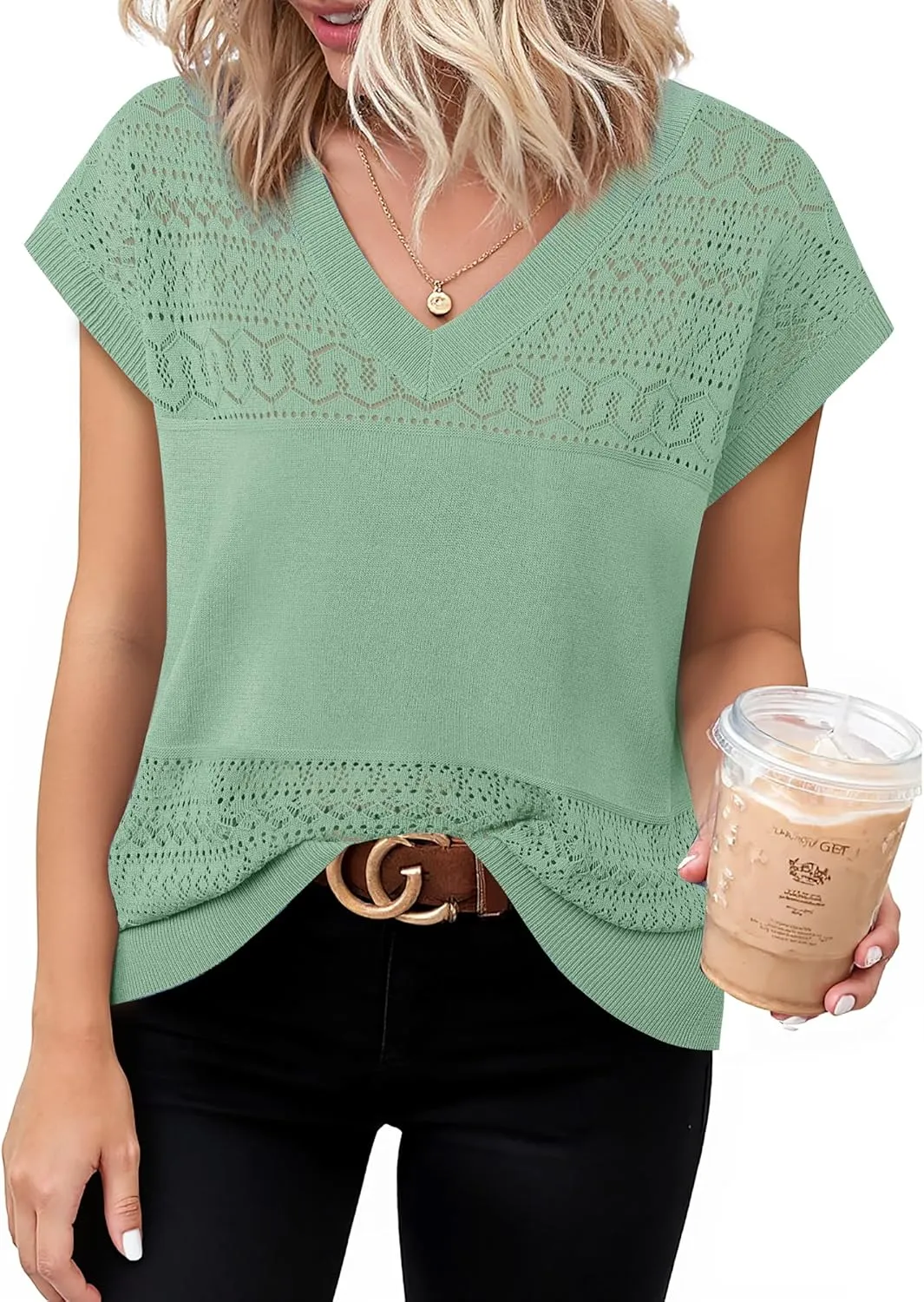 Messic Womens V Neck Sweater Vest Cap Sleeve Casual Lightweight Knit Pullover Tops