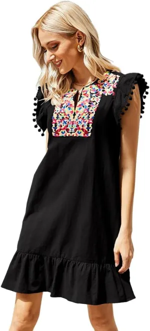 Mexican Dress for Women Floral Bohemian Embroidery Mini Dresses Boho V Neck Ruffle Sleeveless Shift Dress