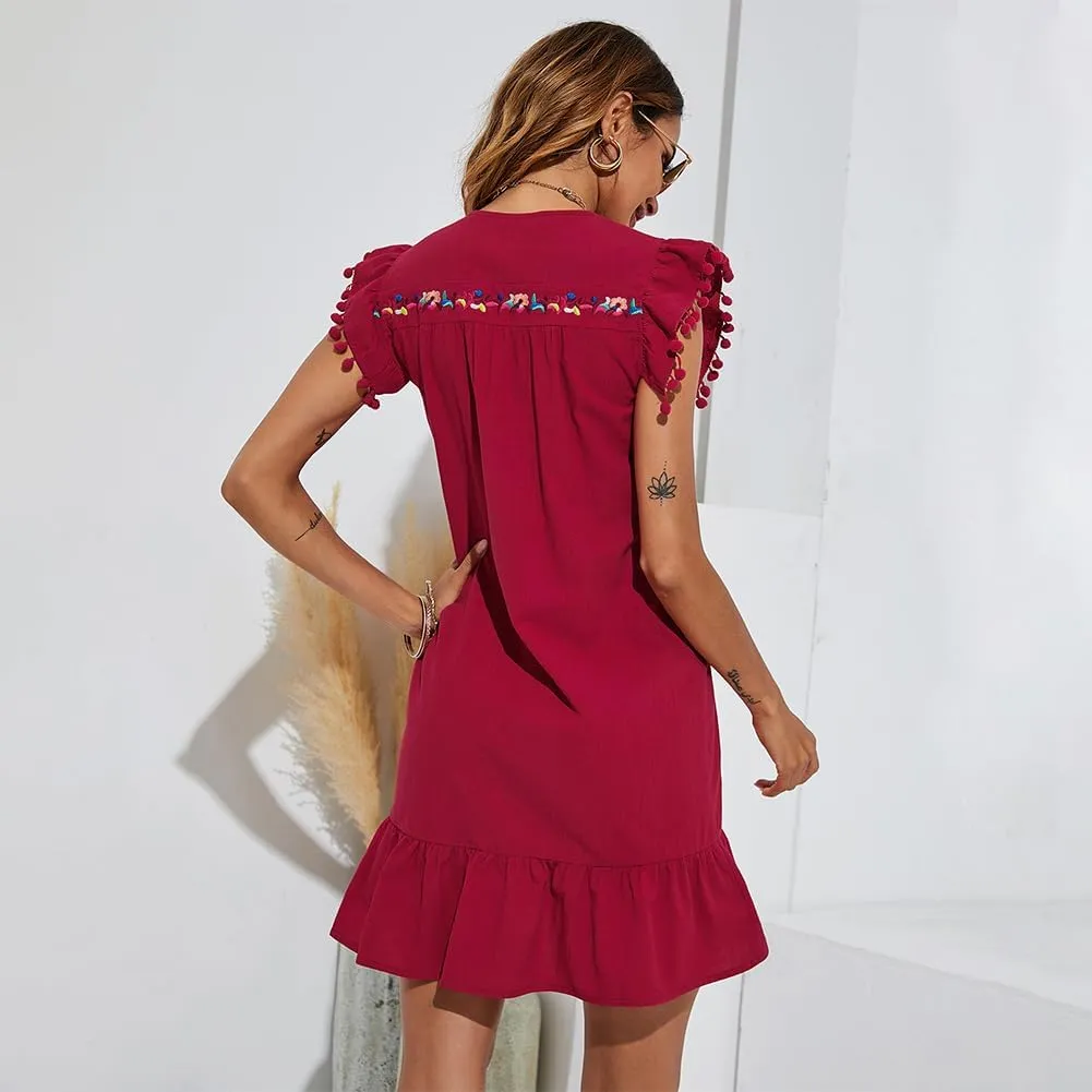 Mexican Dress for Women Floral Bohemian Embroidery Mini Dresses Boho V Neck Ruffle Sleeveless Shift Dress