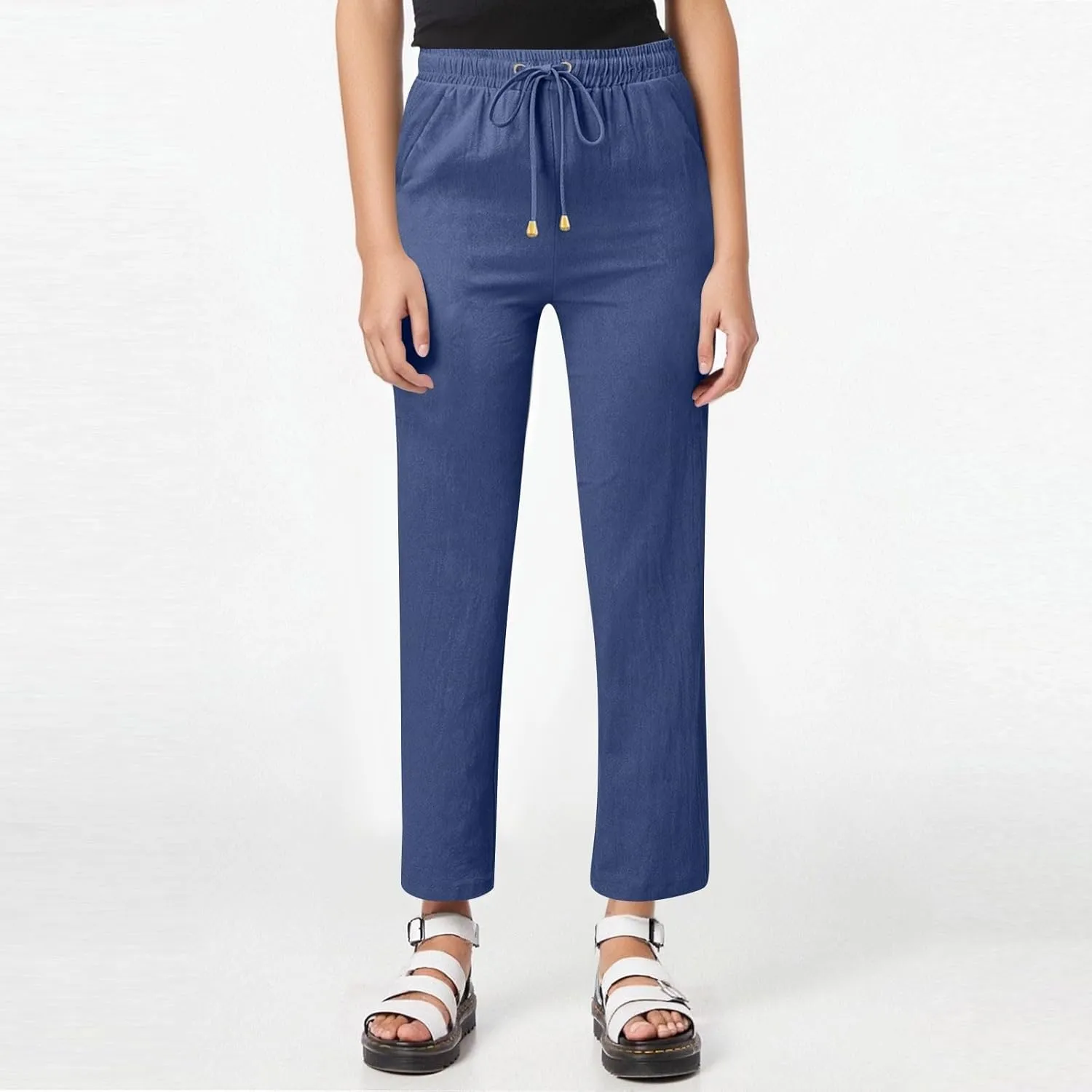 midelxp Women's Linen Pants Summer Straight Leg Lounge Trouser Pants with Pockets Comfy Drawstring High Waist Casual Pants