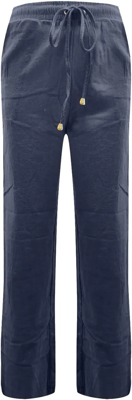 midelxp Women's Linen Pants Summer Straight Leg Lounge Trouser Pants with Pockets Comfy Drawstring High Waist Casual Pants