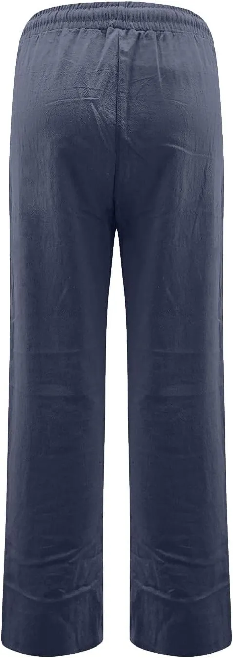 midelxp Women's Linen Pants Summer Straight Leg Lounge Trouser Pants with Pockets Comfy Drawstring High Waist Casual Pants