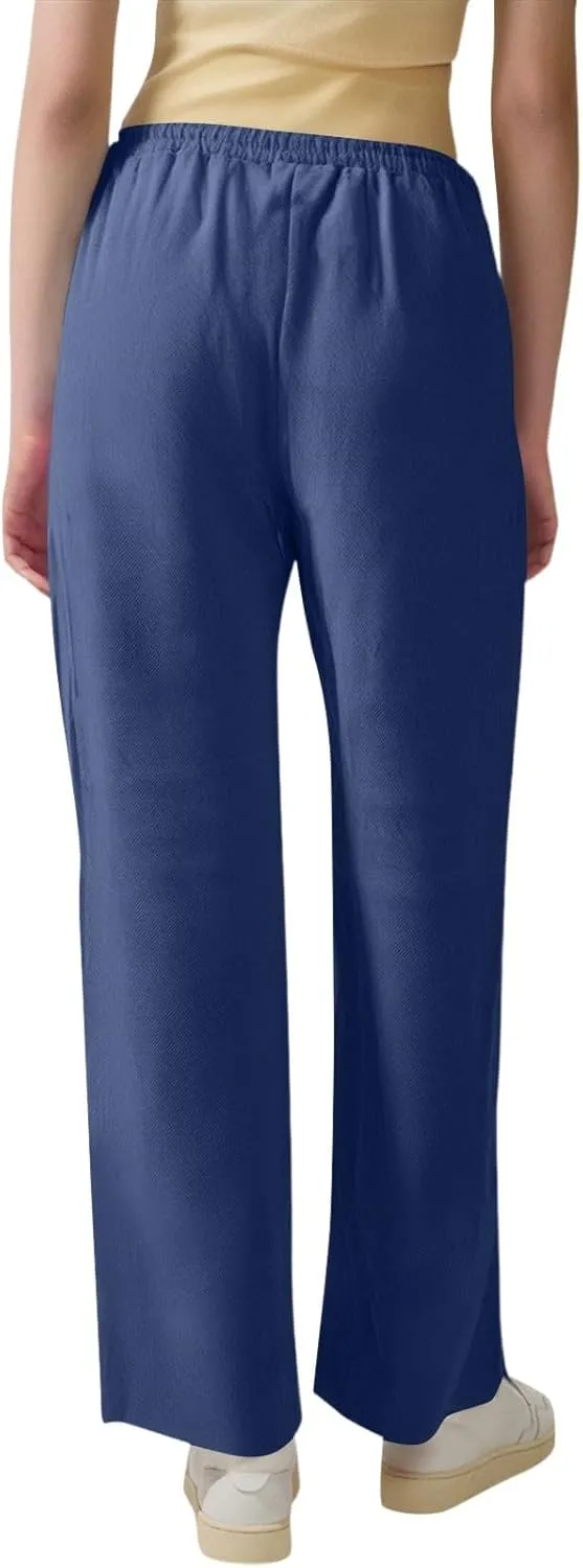 midelxp Women's Linen Pants Summer Straight Leg Lounge Trouser Pants with Pockets Comfy Drawstring High Waist Casual Pants