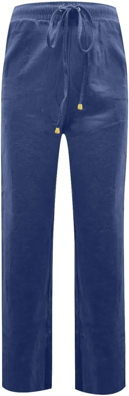 midelxp Women's Linen Pants Summer Straight Leg Lounge Trouser Pants with Pockets Comfy Drawstring High Waist Casual Pants