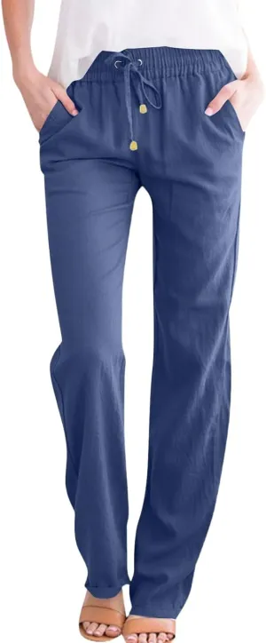 midelxp Women's Linen Pants Summer Straight Leg Lounge Trouser Pants with Pockets Comfy Drawstring High Waist Casual Pants