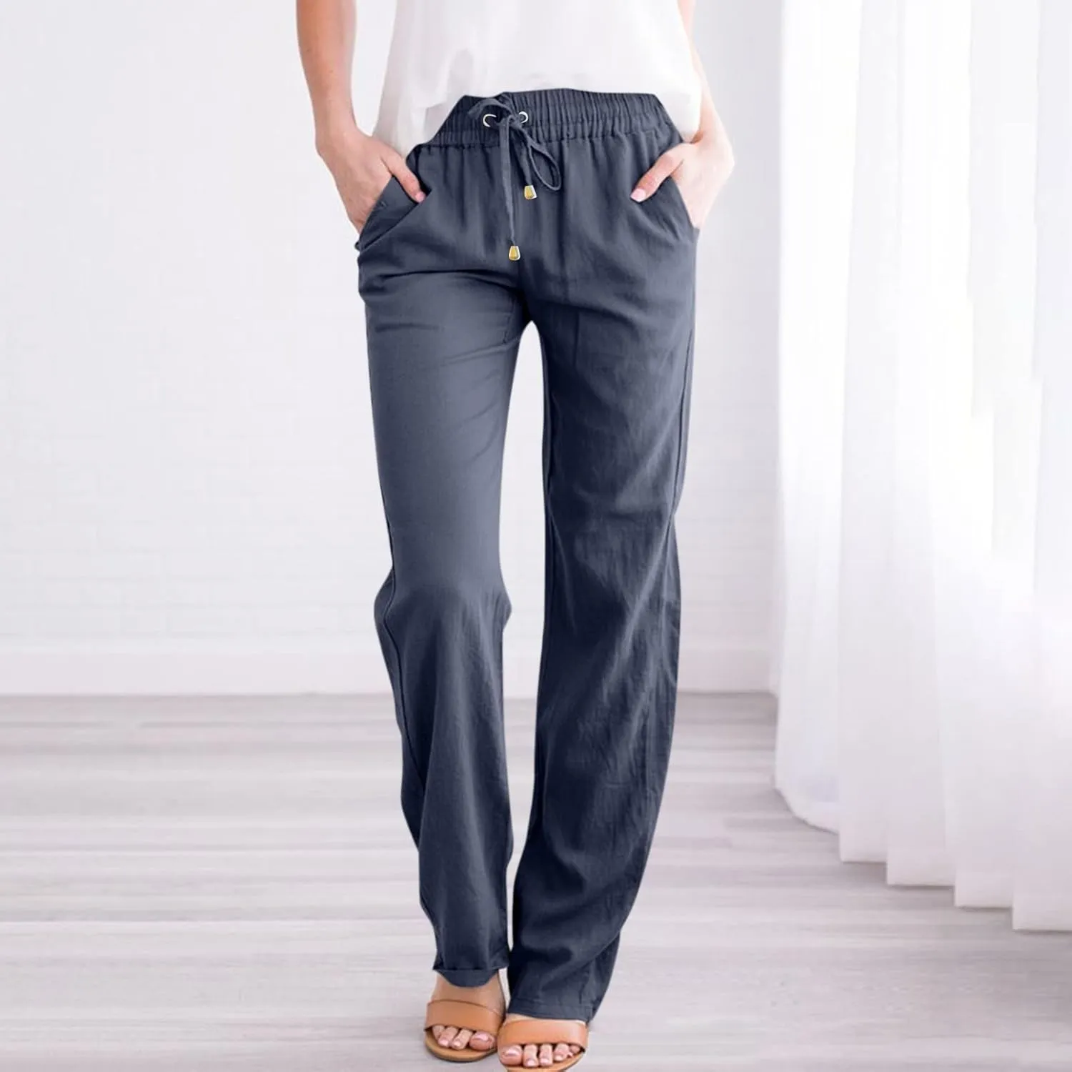 midelxp Women's Linen Pants Summer Straight Leg Lounge Trouser Pants with Pockets Comfy Drawstring High Waist Casual Pants