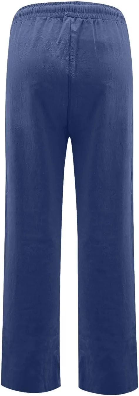 midelxp Women's Linen Pants Summer Straight Leg Lounge Trouser Pants with Pockets Comfy Drawstring High Waist Casual Pants