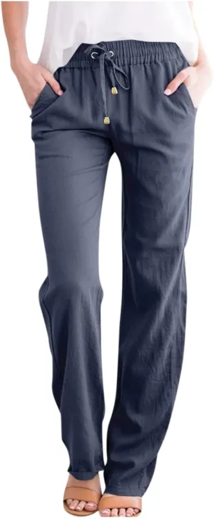 midelxp Women's Linen Pants Summer Straight Leg Lounge Trouser Pants with Pockets Comfy Drawstring High Waist Casual Pants