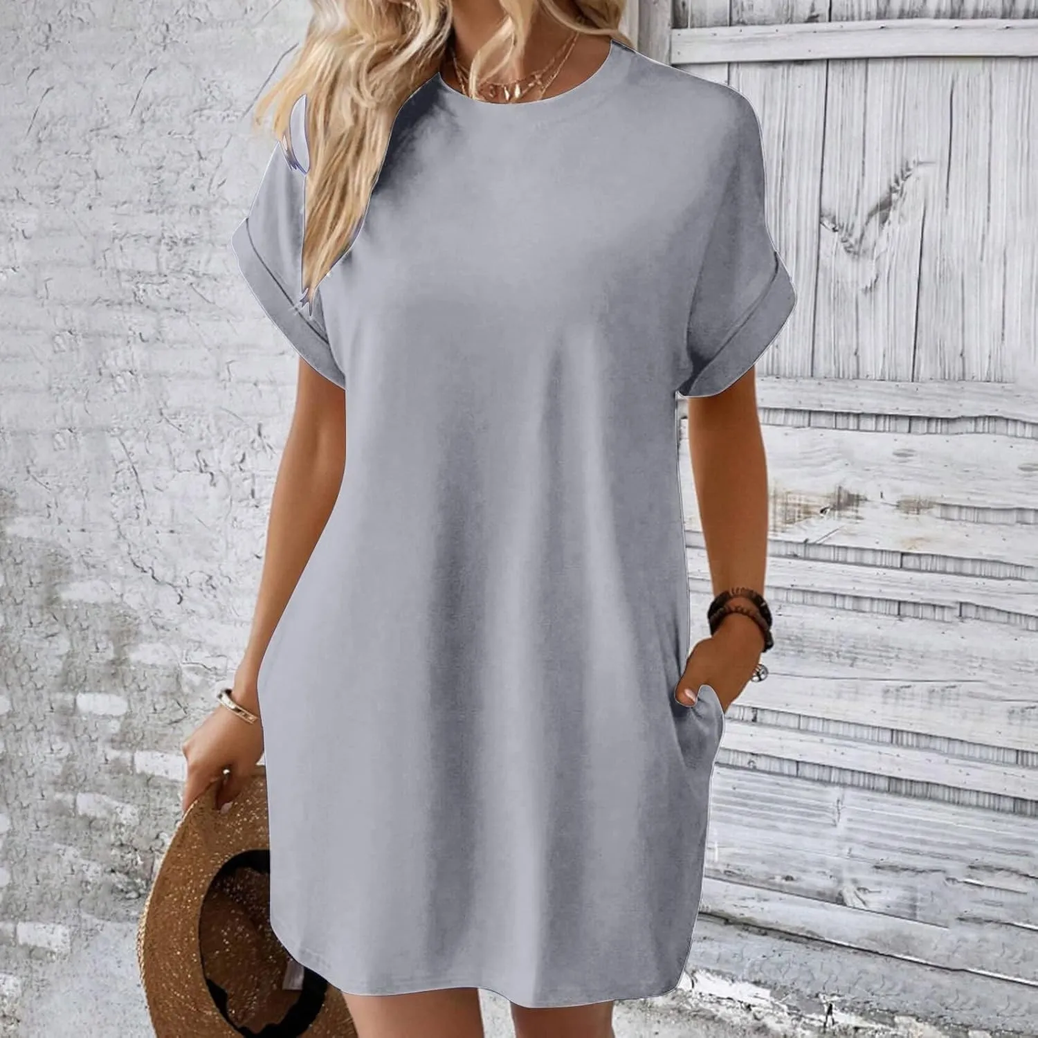 Moomoo Dresses for Women Solid Color Round Neck Batwing Sleeve T-Shirt Dress with Hidden Pockets