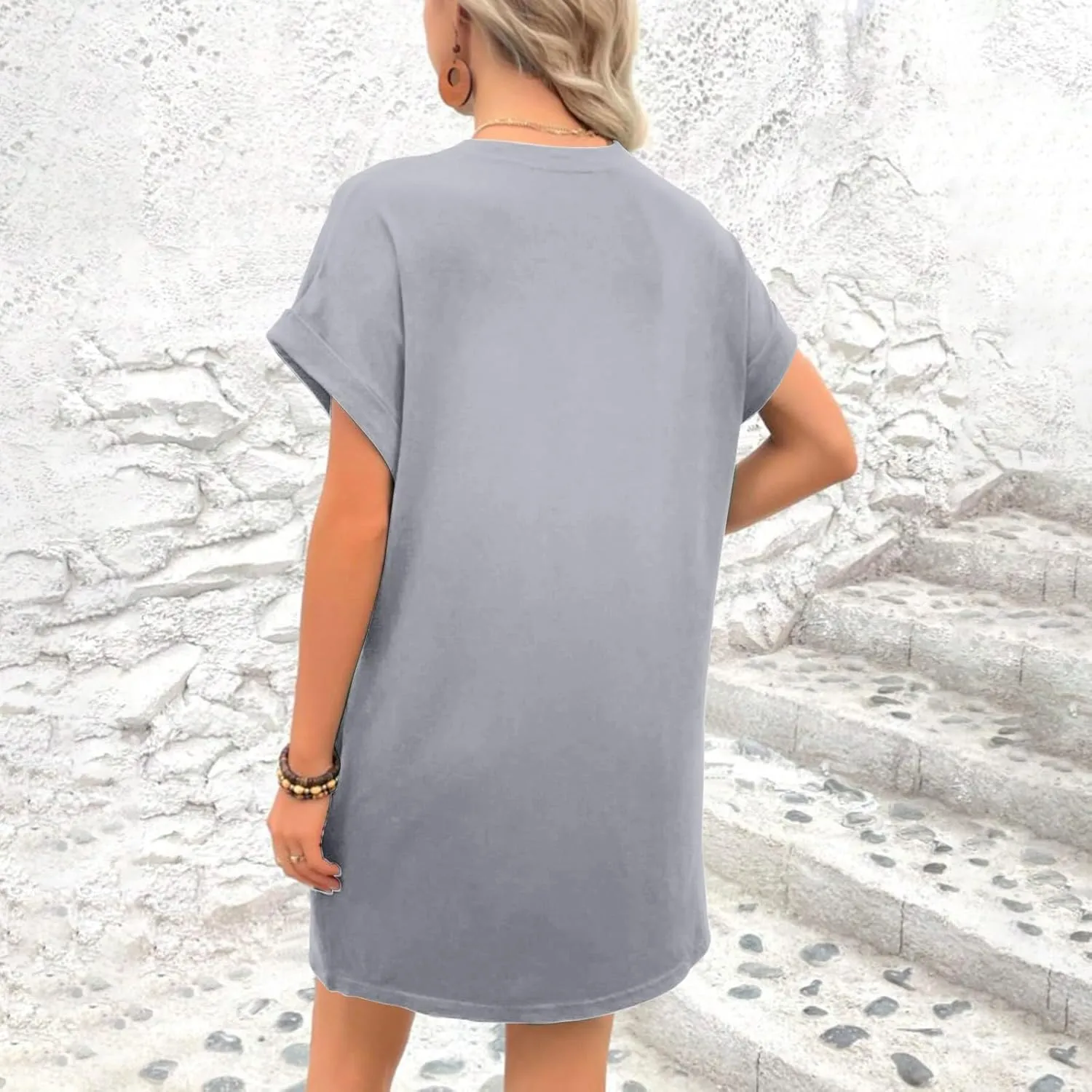 Moomoo Dresses for Women Solid Color Round Neck Batwing Sleeve T-Shirt Dress with Hidden Pockets