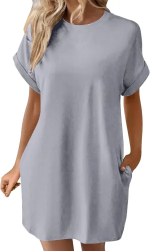 Moomoo Dresses for Women Solid Color Round Neck Batwing Sleeve T-Shirt Dress with Hidden Pockets