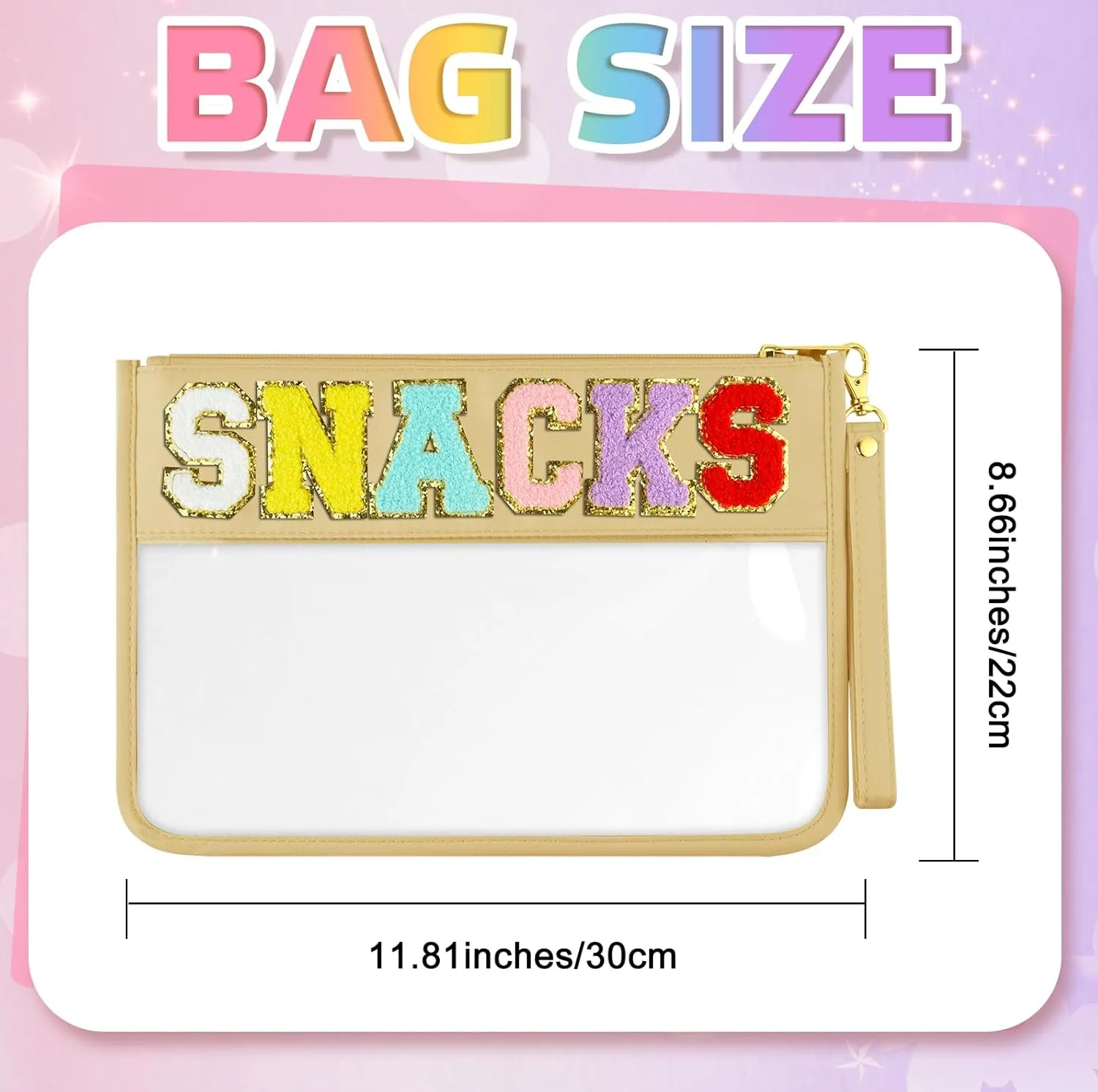 Morcheiong Chenille Letter Bag Cute Clear Zipper Stuff Pouch Portable Multi-purpose PVC and Nylon Makeup Bag with Handle for Travel School Gym BeachBeige Snacks