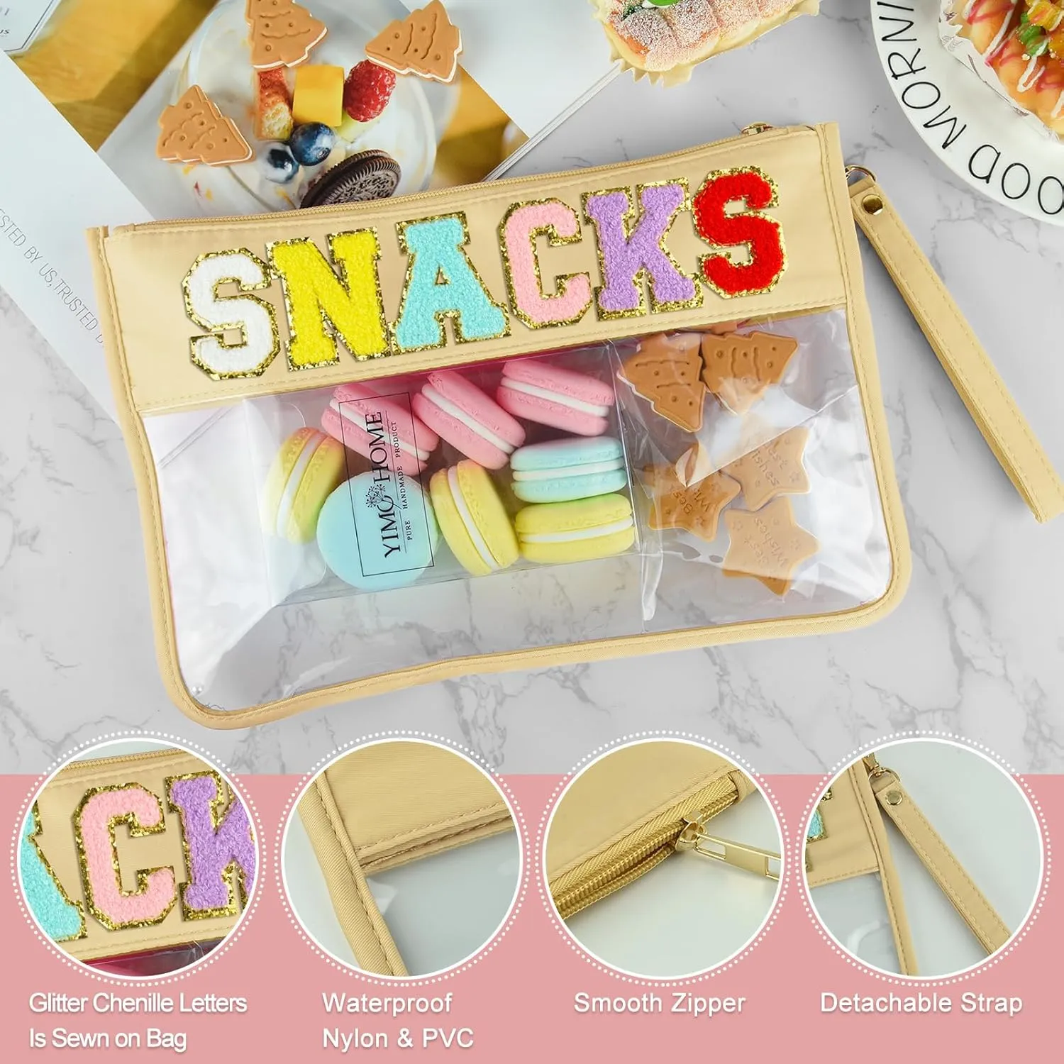 Morcheiong Chenille Letter Bag Cute Clear Zipper Stuff Pouch Portable Multi-purpose PVC and Nylon Makeup Bag with Handle for Travel School Gym BeachBeige Snacks