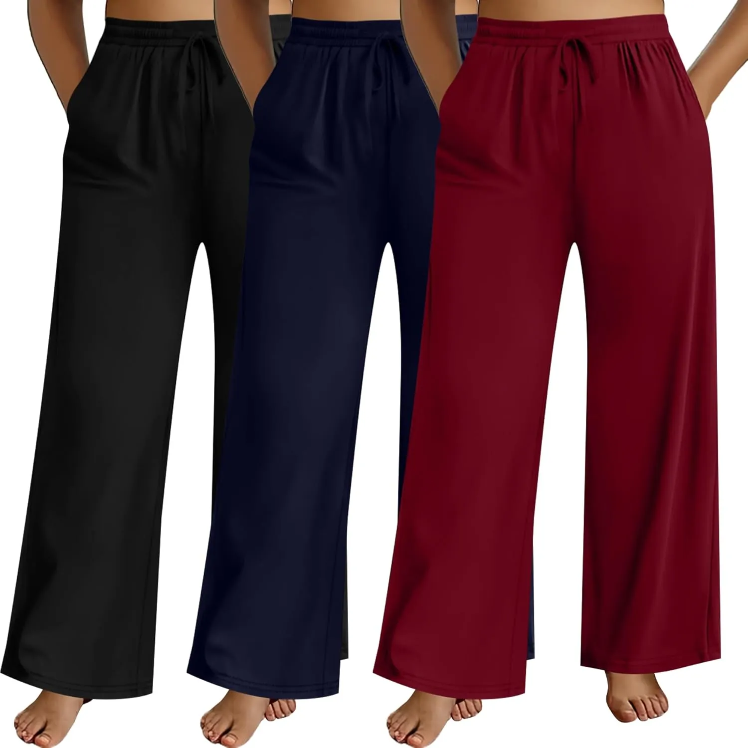 Neer 3 Pack Women's Plus Size Pants Wide Leg Lounge Yoga Pants Casual Baggy Drawstring High Waist Sweatpants with Pockets