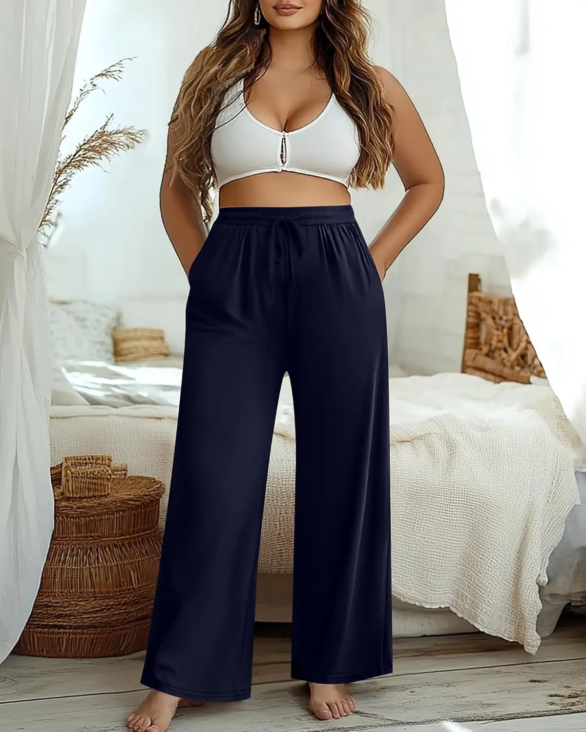 Neer 3 Pack Women's Plus Size Pants Wide Leg Lounge Yoga Pants Casual Baggy Drawstring High Waist Sweatpants with Pockets