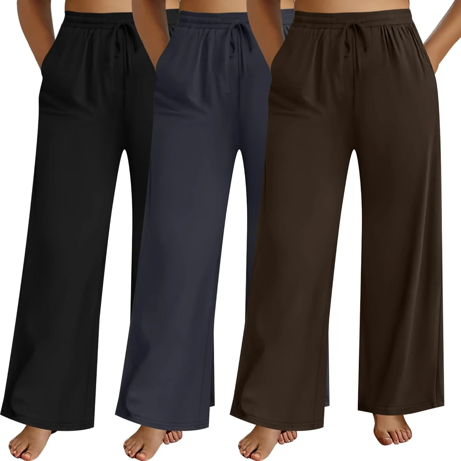 Neer 3 Pack Women's Plus Size Pants Wide Leg Lounge Yoga Pants Casual Baggy Drawstring High Waist Sweatpants with Pockets