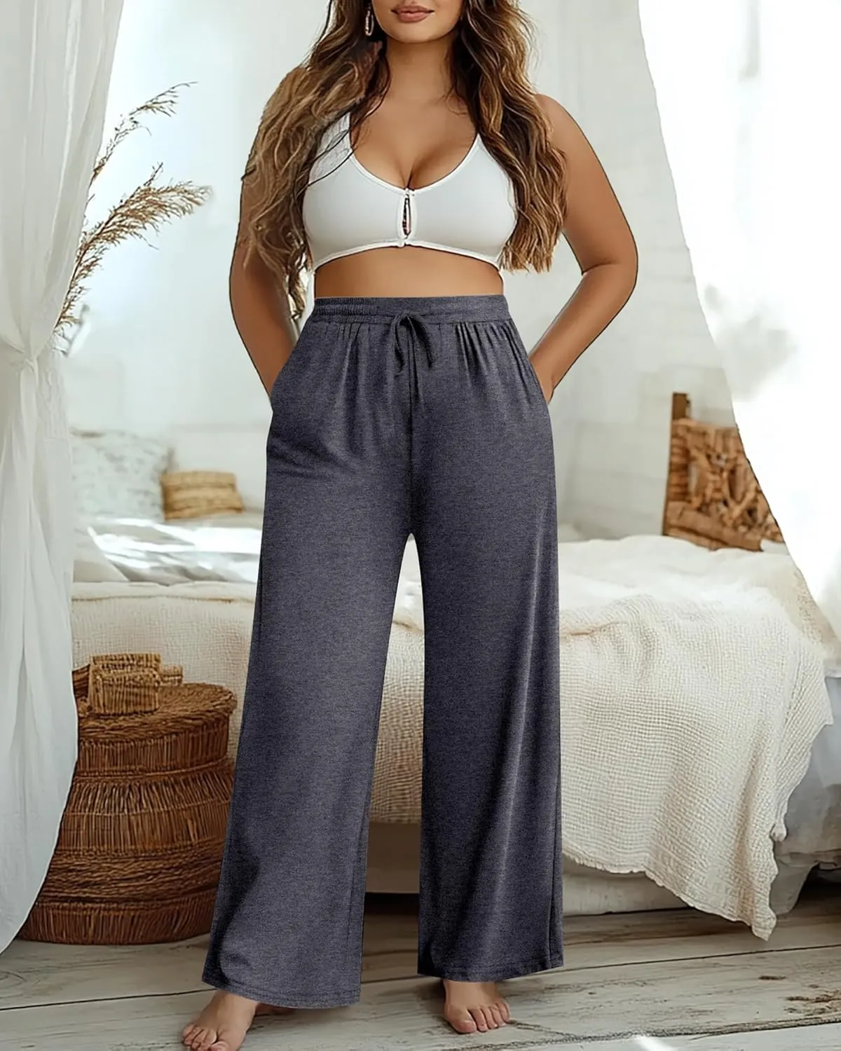 Neer 3 Pack Women's Plus Size Pants Wide Leg Lounge Yoga Pants Casual Baggy Drawstring High Waist Sweatpants with Pockets